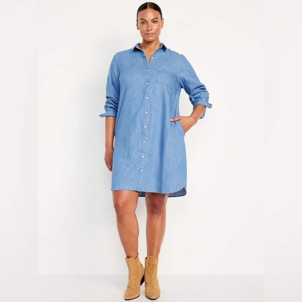 NWT! Long Sleeve Blue Denim Mini Shirt Dress - Size Small